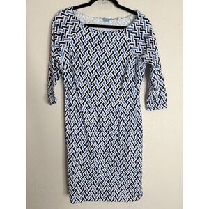J. McLaughlin Sheath Dress Sz M Blue Geometric Stretch 3/4 Sleeves Career